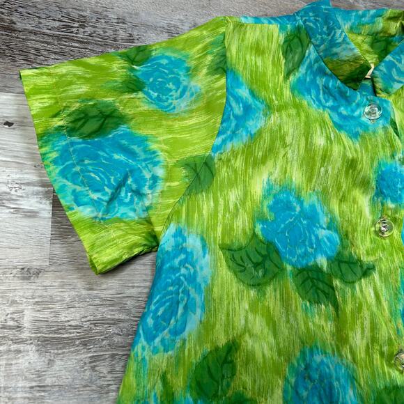 Vintage 1970s Saramae Floral Button Down House Dress Green Blue - Picture 2 of 9